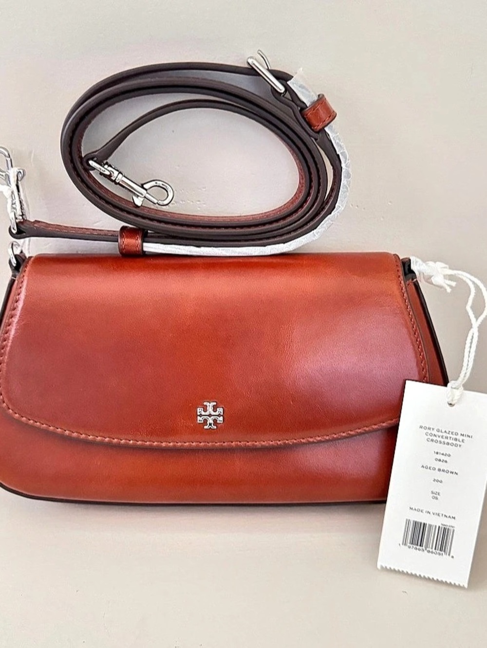 Tory Burch Rory Glazed Mini Convertible Crossbody Aged Brown Bag